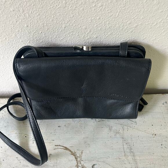 Vintage fossil leather crossbody pockets multi compartment Y2K minimalist black - Picture 14 of 16